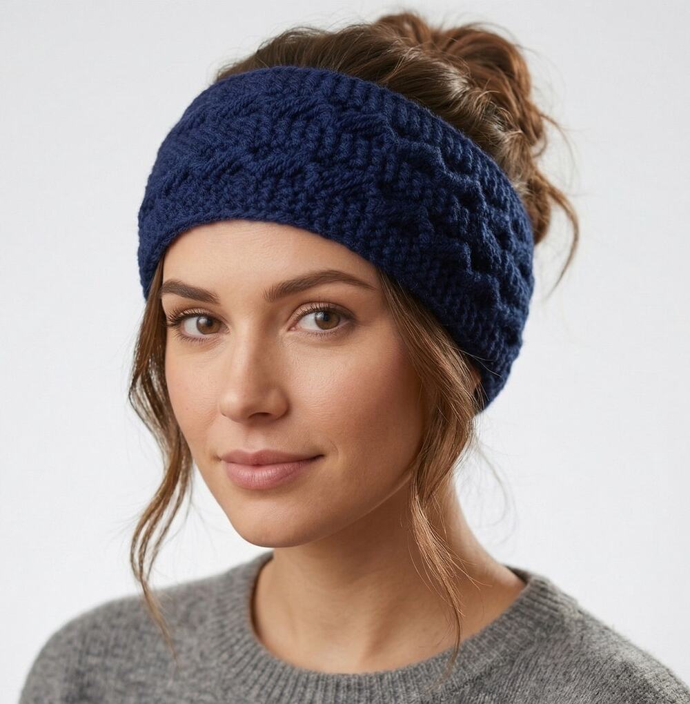 Navy Blue Hand Crochet Knit Headband 4" x 9"